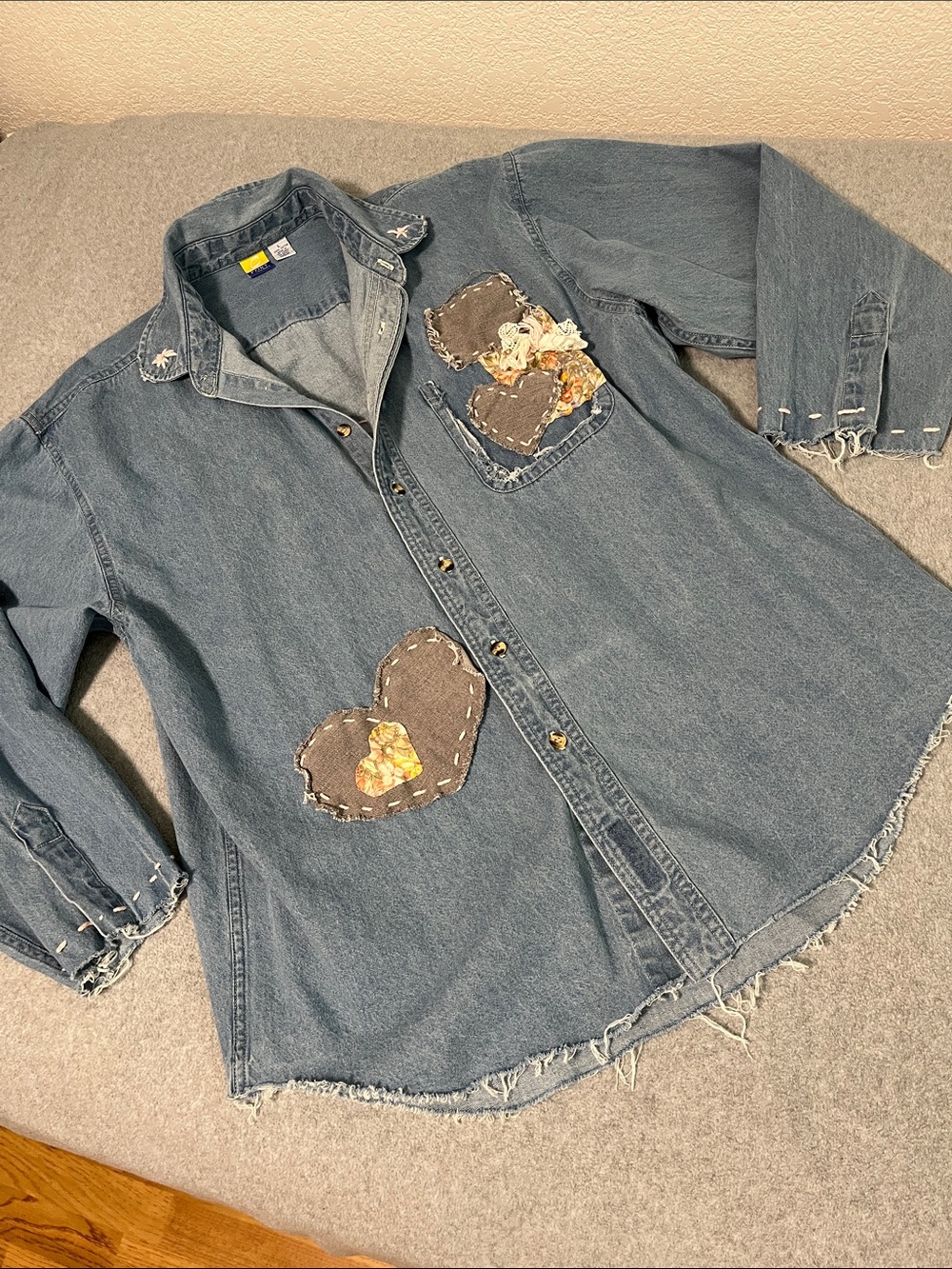 Boho Upcycled Patchwork Denim Top Shirt Large Avant Pearl Cottagecore ShabbyArt